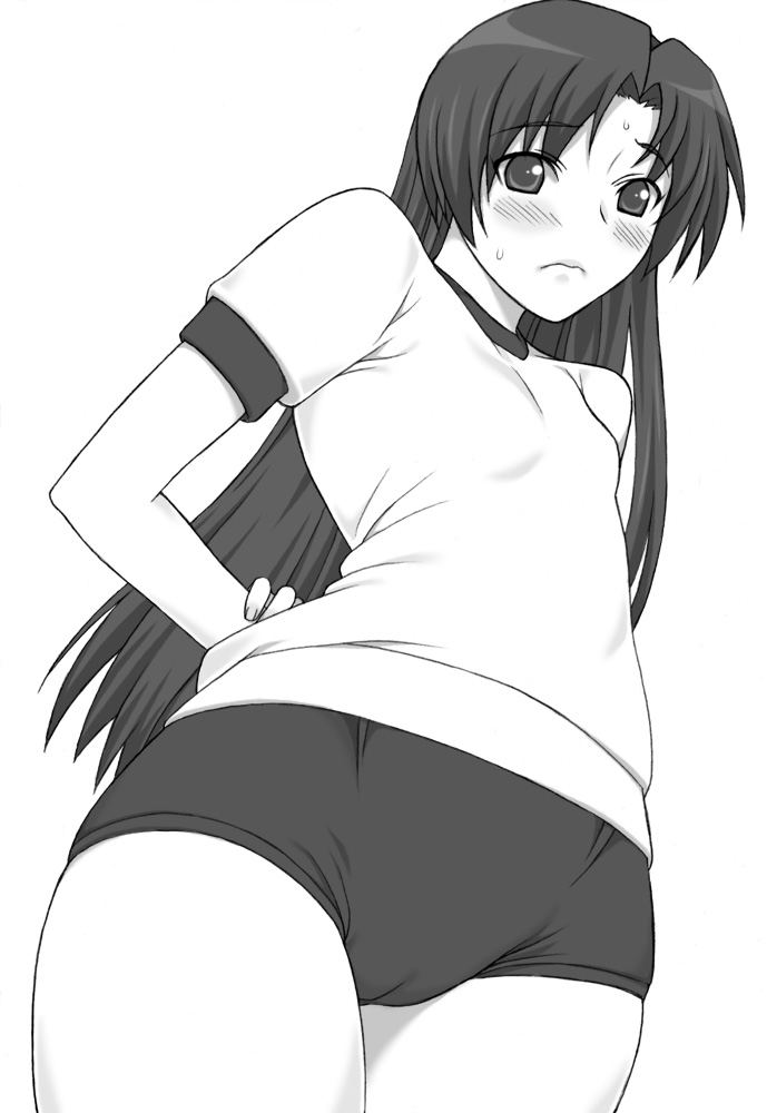 shichimenchou, kisaragi chihaya, idolmaster, idolmaster (classic), 00s, 1girl, blush, buruma, cameltoe, female focus, flat chest, greyscale, gym uniform, long hair, monochrome, simple background, solo, sweat, white background
