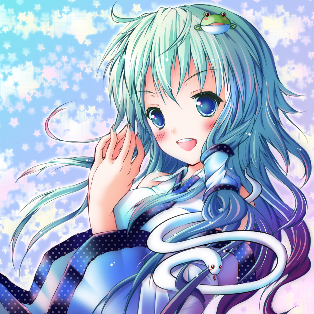 meiya neon, kochiya sanae, touhou, bad id, bad pixiv id, 1girl, aqua eyes, aqua hair, detached sleeves, female focus, frog, hair ornament, long hair, snake, solo, upper body