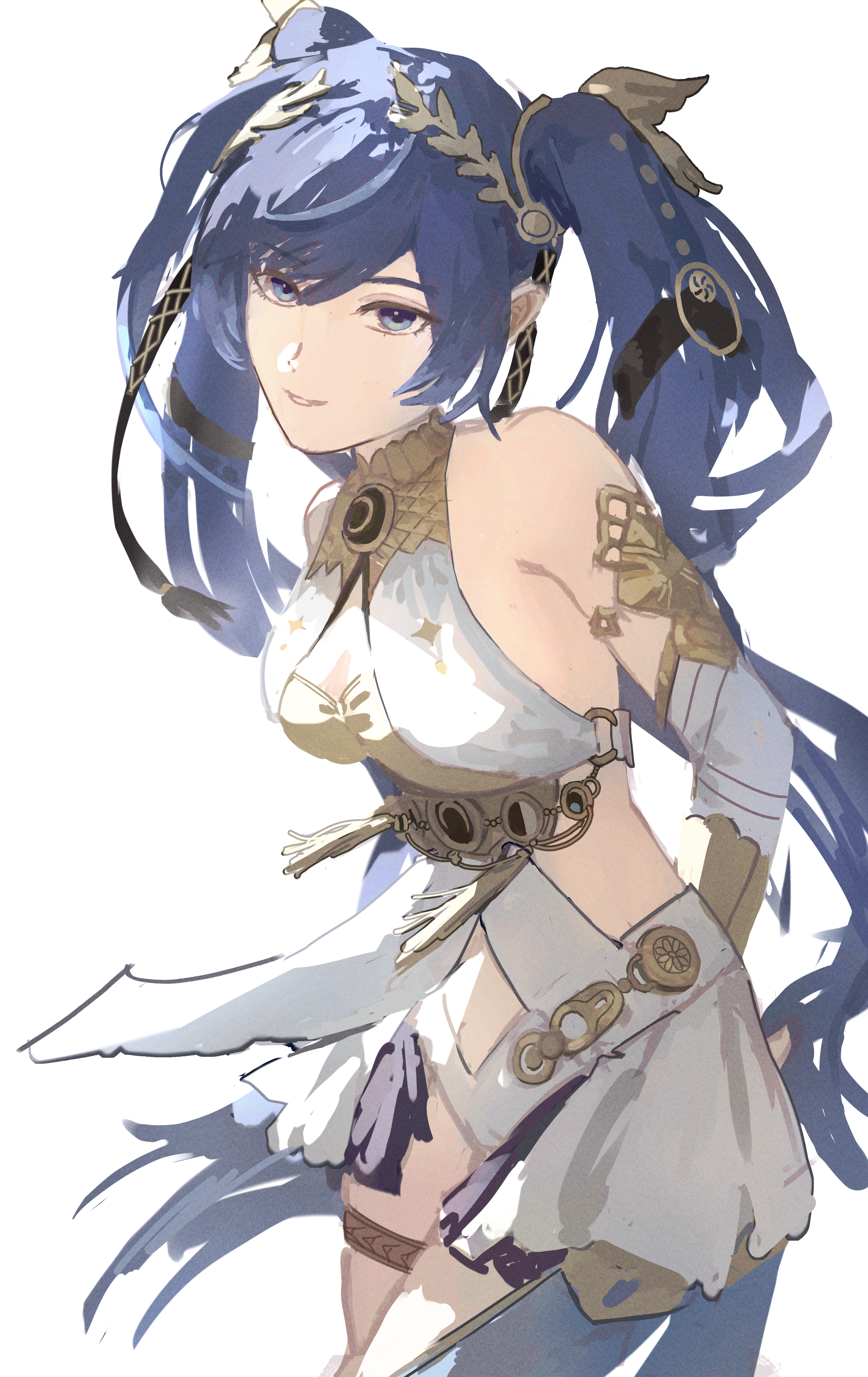 yoswr, iuno (wuthering waves), wuthering waves, absurdres, commentary, highres, 1girl, ancient greek clothes, armlet, arms behind back, bare shoulders, black skirt, blue eyes, blue hair, breasts, cowboy shot, gold bra, greco-roman clothes, jewelry, laurel crown, long hair, looking at viewer, medium breasts, parted lips, showgirl skirt, simple background, skirt, smile, solo, thighlet, thighs, twintails, white background