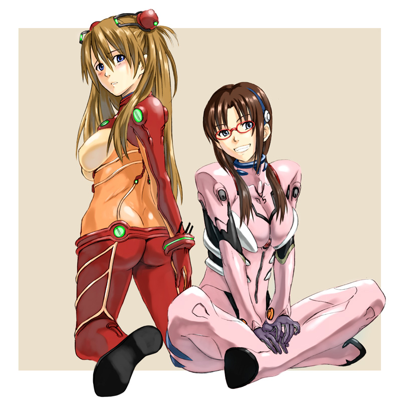 ganzyu i, makinami mari illustrious, souryuu asuka langley, neon genesis evangelion, rebuild of evangelion, bad id, bad pixiv id, 00s, 2girls, alternate breast size (larger), ass, black hair, blue eyes, blush, bodysuit, bra, bracer, breasts, brown hair, butt crack, crossed legs, embarrassed, from behind, full body, glasses, gloves, grin, hair between eyes, hair ornament, hair over shoulder, hairband, hairpods, indian style, interface headset (evangelion), kneeling, large breasts, long hair, looking at viewer, looking back, low twintails, mecha pilot suit, multiple girls, neon trim, own hands together, parted bangs, parted lips, plugsuit (evangelion), raised eyebrows, red-framed eyewear, see-through clothes, simple background, sitting, smile, test plugsuit (evangelion), turtleneck, twintails, two side up, underwear