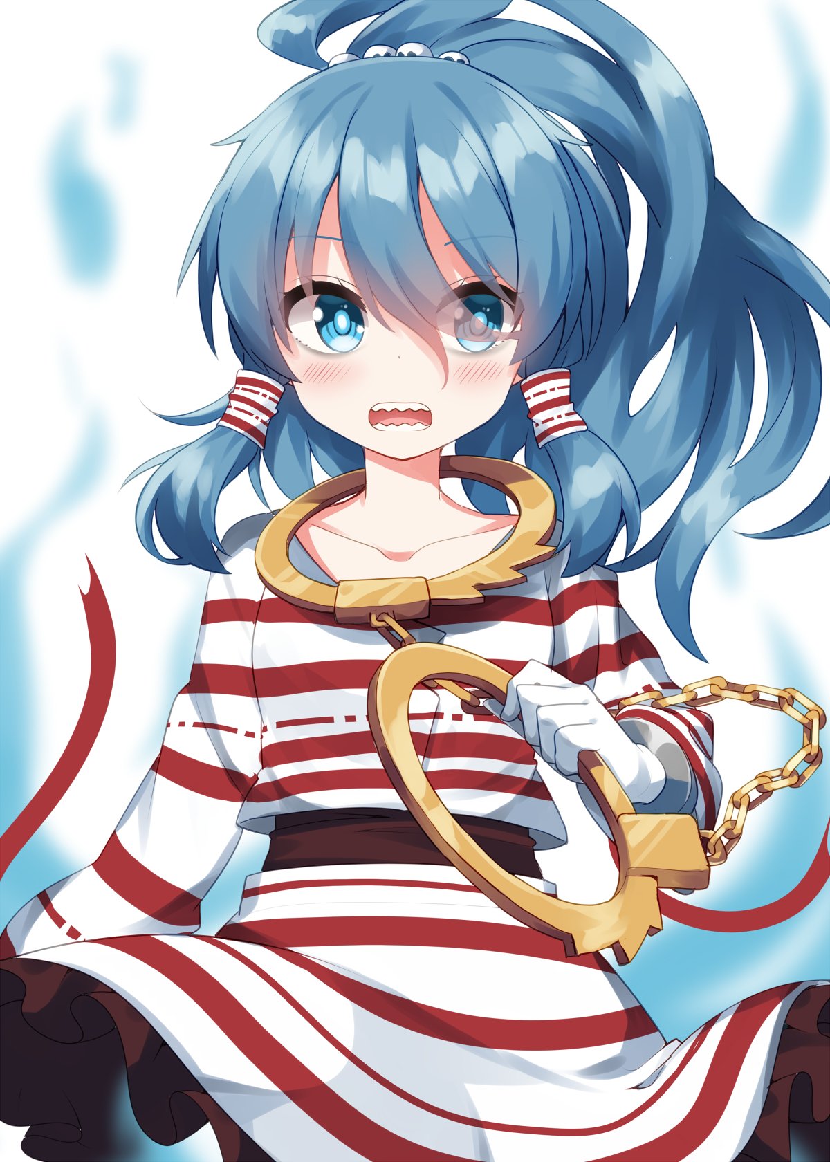 ruu (tksymkw), miyadeguchi mizuchi, touhou, commentary request, highres, 1girl, blue eyes, blue hair, blush, chain, collarbone, cowboy shot, dress, frilled dress, frills, gloves, hair between eyes, hair tubes, hand up, long hair, long sleeves, open mouth, ponytail, sharp teeth, solo, striped clothes, striped dress, teeth, white dress, white gloves