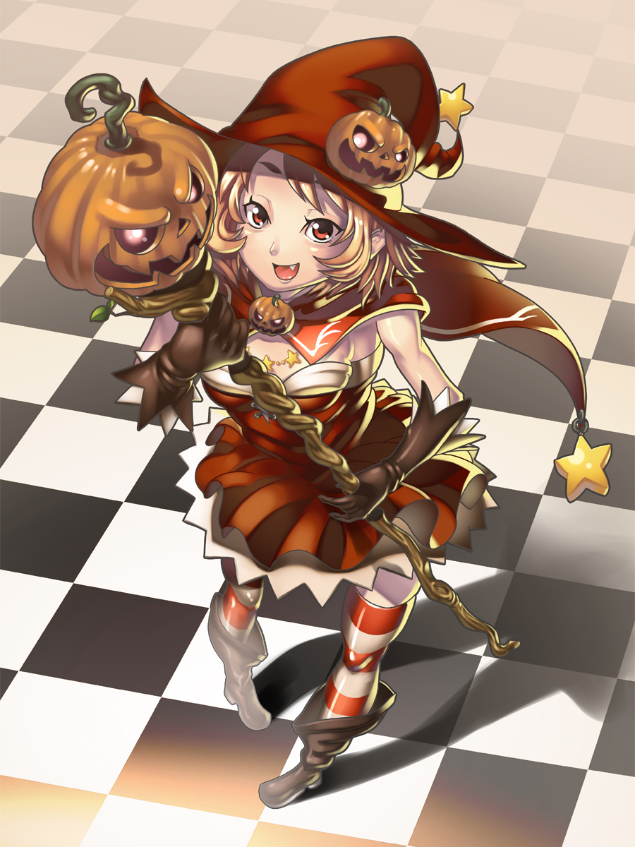 knife (artist), original, bad id, bad pixiv id, highres, 1girl, blonde hair, boots, fang, female focus, food-themed hair ornament, gloves, hair ornament, halloween, hat, jack-o'-lantern, pumpkin, pumpkin hair ornament, red eyes, short hair, solo, staff, star (symbol), striped clothes, striped thighhighs, thighhighs, witch, witch hat