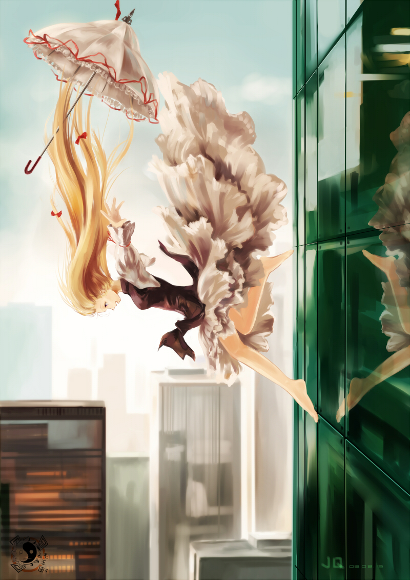 jq3c273, yakumo yukari, touhou, 1girl, barefoot, blonde hair, building, falling, female focus, long hair, no headwear, outstretched arms, parasol, purple eyes, reflection, running, solo, spread arms, umbrella, very long hair