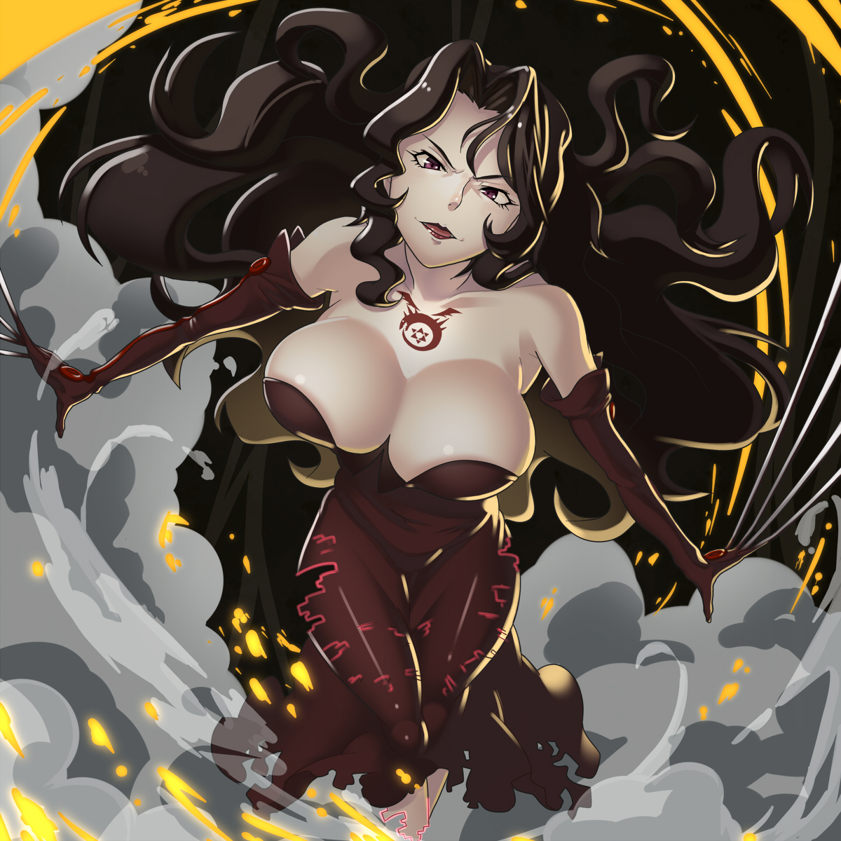 knife (artist), lust (fma), fullmetal alchemist, homunculus, highres, 00s, 1girl, bare shoulders, black dress, black gloves, black hair, breasts, cleavage, dress, female focus, gloves, hexagram, large breasts, lipstick, long hair, makeup, open mouth, ouroboros, pale skin, purple eyes, smoke, solo, strapless, strapless dress, tattoo, wavy hair
