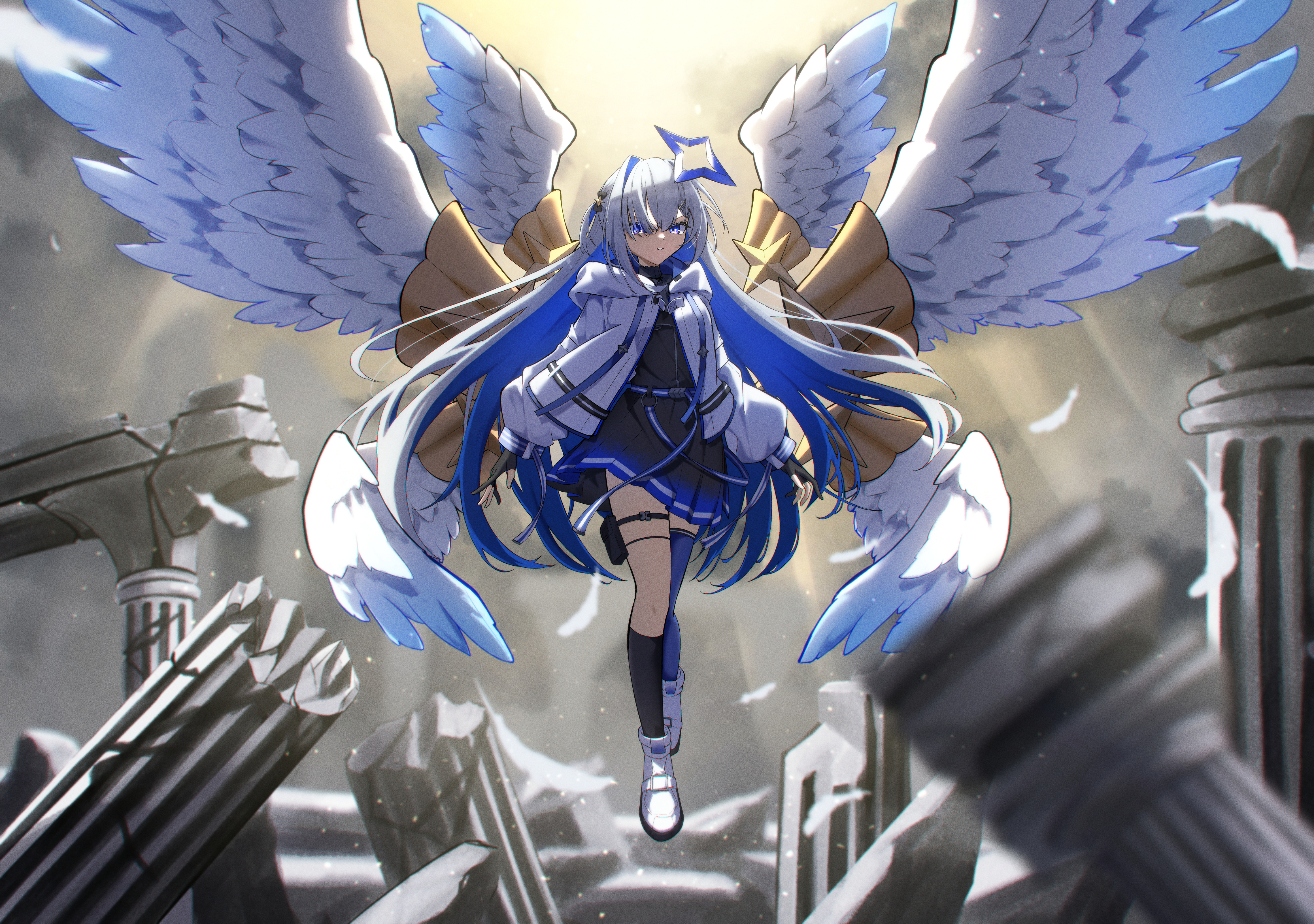azumi illust, amane kanata, amane kanata (work), hololive, absurdres, commentary request, highres, 1girl, angel wings, asymmetrical legwear, belt, black dress, black gloves, blue belt, blue hair, blue thighhighs, blue wings, closed mouth, colored inner hair, dress, falling feathers, feathered wings, feathers, full body, gloves, gradient wings, grey hair, hair ornament, hairclip, hat, high collar, jacket, jewelry, kneehighs, long hair, long sleeves, looking at viewer, low twintails, mismatched legwear, multicolored hair, multicolored wings, multiple wings, necklace, official alternate costume, official alternate hair length, official alternate hairstyle, oversized wings, partially fingerless gloves, pleated dress, pouch, puffy long sleeves, puffy sleeves, purple eyes, ruins, shoes, short dress, single hair intake, single kneehigh, single sock, single thighhigh, sneakers, socks, solo, star (symbol), star necklace, streaked hair, thigh pouch, thigh strap, thighhighs, twintails, uneven legwear, virtual youtuber, white feathers, white hat, white jacket, white shoes, white wings, wings