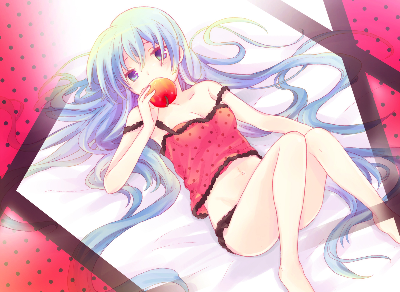 tachitsu teto, hatsune miku, romeo to cinderella (vocaloid), vocaloid, 1girl, apple, bare shoulders, barefoot, blue eyes, blue hair, camisole, eating, female focus, food, fruit, holding, holding food, holding fruit, long hair, matching hair/eyes, polka dot, solo, very long hair
