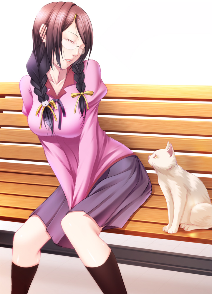 shokuyou mogura, hanekawa tsubasa, bakemonogatari, monogatari (series), nekomonogatari, bad id, bad pixiv id, 00s, 10s, 1girl, bench, braid, breasts, cat, closed eyes, female focus, glasses, hair ornament, lips, sitting, solo, twin braids