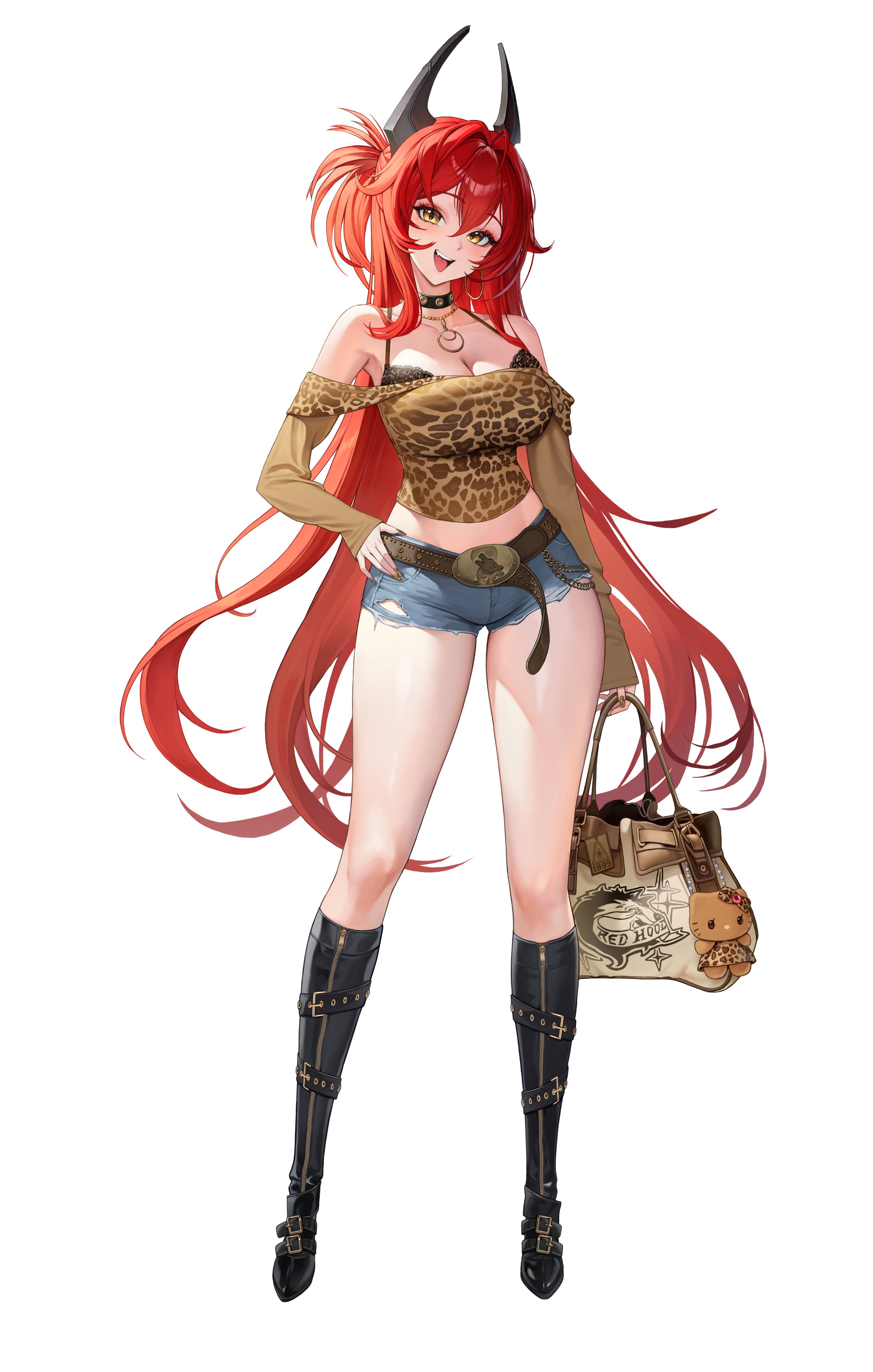 young999999990, red hood (nikke), goddess of victory: nikke, absurdres, commentary, english commentary, highres, 1girl, alternate costume, animal print, bag, black bra, black choker, black horns, black shoes, blue shorts, bra, bra peek, character name, choker, collarbone, denim, denim shorts, full body, handbag, horns, jewelry, leopard print, long hair, mechanical horns, necklace, red hair, shoes, short shorts, shorts, simple background, smile, solo, underwear, white background