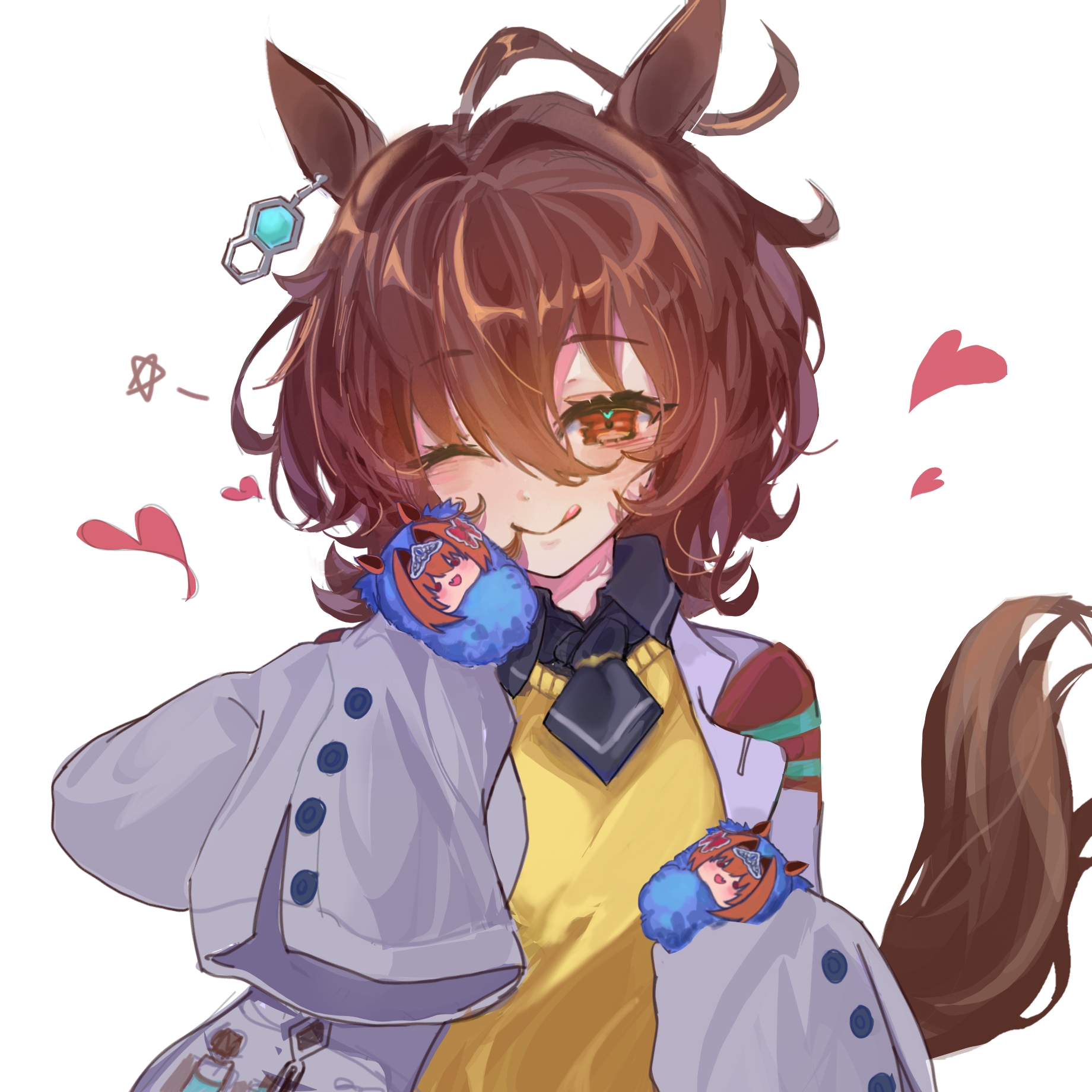 daiwa scarlet (umamusume), umamusume, commentary request, highres, 1girl, ahoge, animal ears, black shirt, brown hair, chemical structure, chibi, closed mouth, coat, collared shirt, ear ornament, earrings, hair between eyes, horse ears, horse girl, horse tail, huge ahoge, jewelry, kk (pixiv 83235599), lab coat, looking at viewer, one eye closed, open clothes, open coat, red eyes, shirt, short hair, simple background, single earring, smile, solo, sweater, tail, white background, white coat, yellow sweater