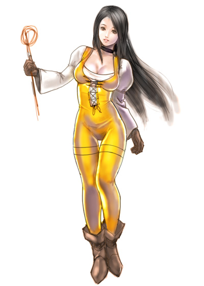 futami takayuki (t23), garnet til alexandros xvii, final fantasy, final fantasy ix, 00s, 1girl, ankle boots, black hair, bodysuit, boots, breasts, brown eyes, catsuit, choker, cleavage, corset, cross-laced clothes, female focus, full body, gloves, grey eyes, holding, juliet sleeves, large breasts, leaning, long hair, long sleeves, looking at viewer, parted lips, puffy long sleeves, puffy sleeves, shirt, simple background, sketch, smile, solo, standing, thigh gap, thighs, unitard, very long hair, wand, white background, wide sleeves