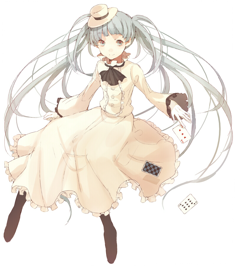 tetsuo (tashirosu), hatsune miku, vocaloid, bad id, bad pixiv id, 1girl, blue eyes, blue hair, card, dress, female focus, floating card, hat, long hair, matching hair/eyes, mini hat, mini top hat, playing card, simple background, smile, solo, top hat, twintails, very long hair