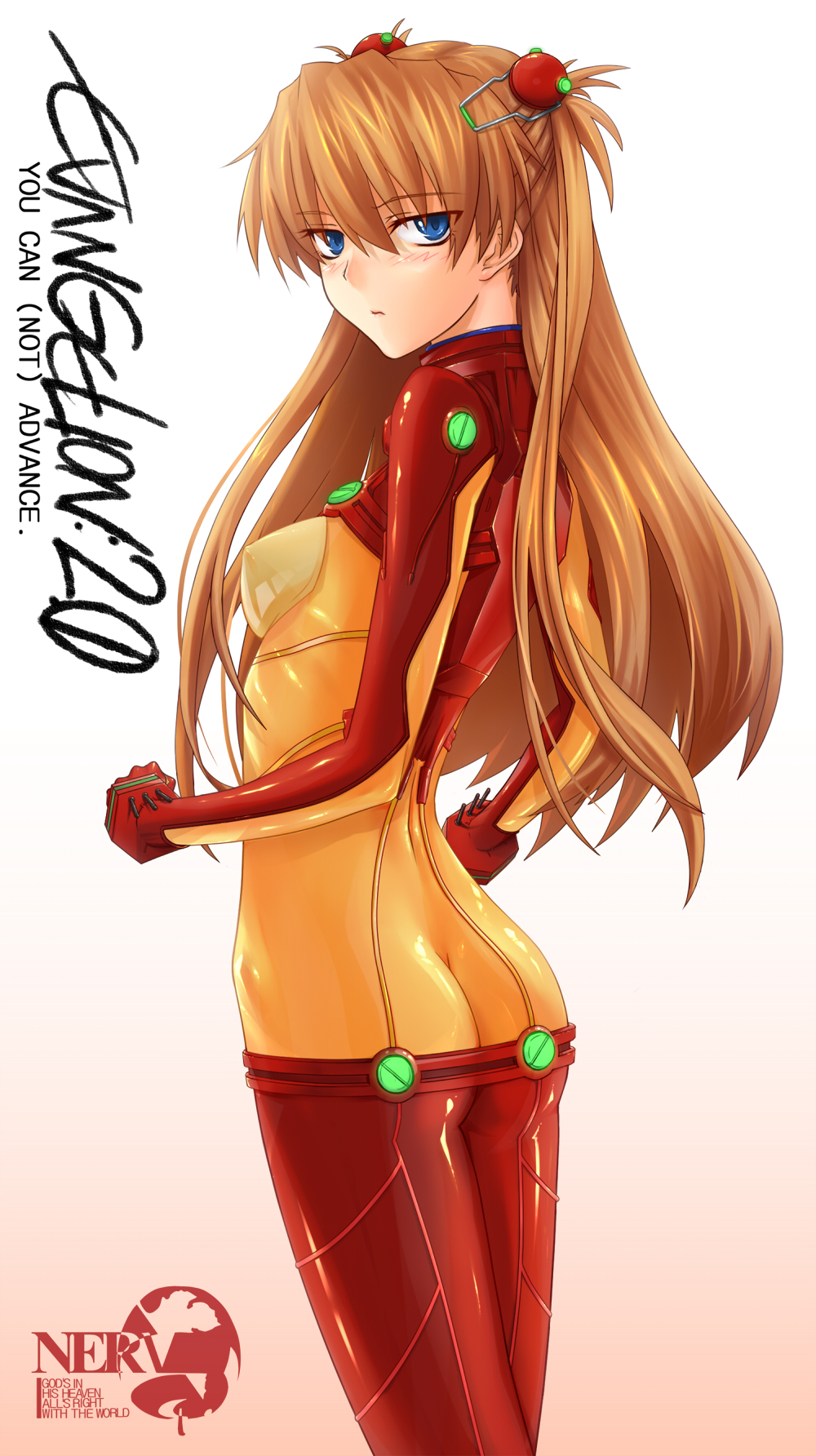 prime (prime tw), souryuu asuka langley, evangelion: 2.0 you can (not) advance, neon genesis evangelion, rebuild of evangelion, bad id, bad pixiv id, highres, 00s, 1girl, ass, blue eyes, blush, bodysuit, bracer, breasts, brown hair, butt crack, copyright name, covered erect nipples, cowboy shot, english text, female focus, flat ass, from side, gloves, gradient background, hair between eyes, hair ornament, hairpods, hip bones, interface headset (evangelion), logo, long hair, looking at viewer, looking back, mecha pilot suit, nerv, no panties, parted lips, plugsuit (evangelion), see-through clothes, shiny clothes, skin tight, small breasts, solo, test plugsuit (evangelion), turtleneck, two side up