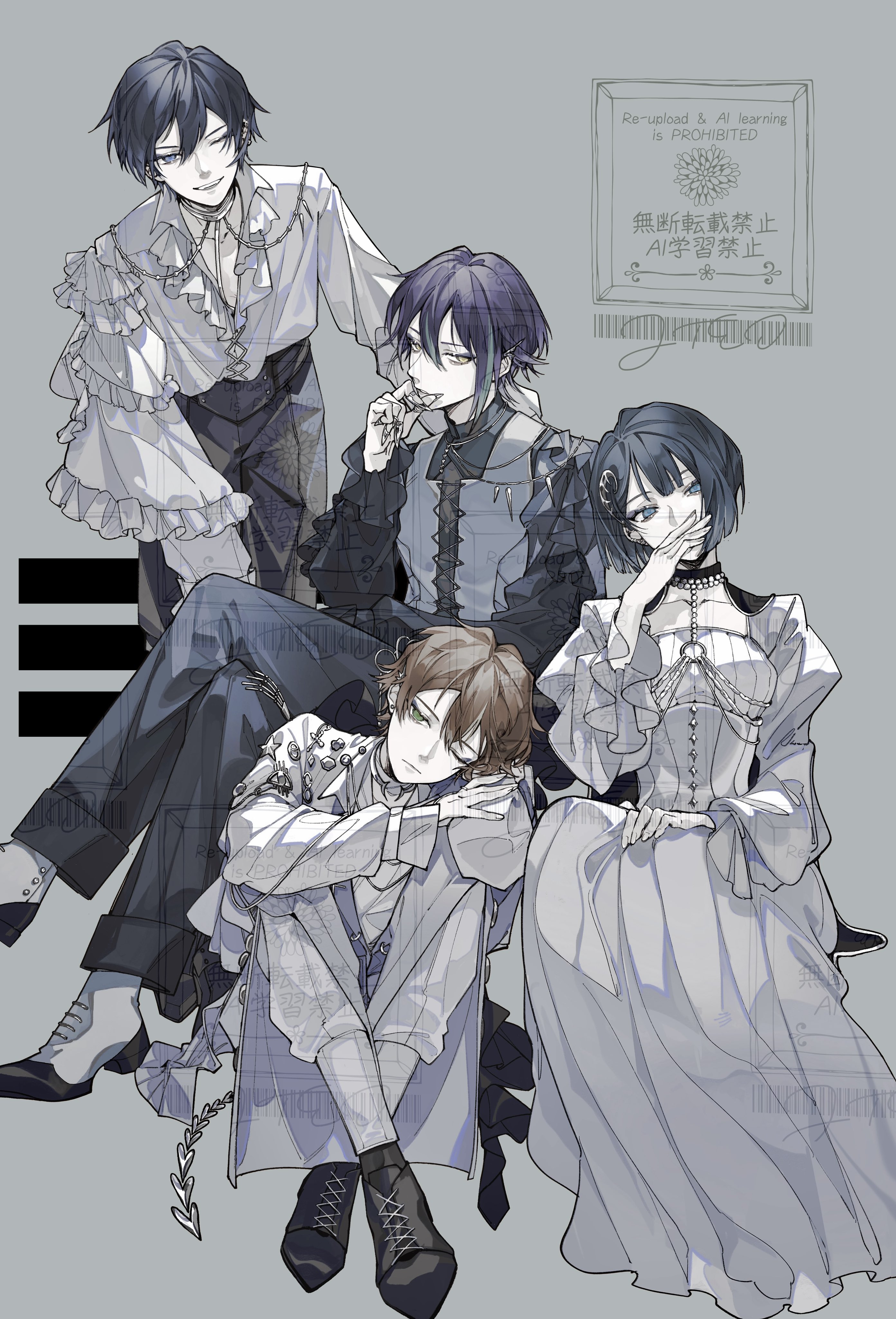 jtei, kaito (vocaloid), kamishiro rui, kiritani haruka, shinonome akito, vivid bad squad kaito, akuma no odorikata (vocaloid), project sekai, vocaloid, absurdres, commentary, highres, symbol-only commentary, 1girl, 3boys, ;d, april fools, black hair, black pants, black shoes, blue eyes, boots, breasts, brown hair, collarbone, covering own mouth, crossed legs, dress, frilled shirt, frilled sleeves, frills, green eyes, green hair, grey background, hand over own mouth, juliet sleeves, leaning forward, long dress, long hair, long sleeves, medium breasts, multiple boys, one eye closed, open mouth, pants, pleated dress, puffy sleeves, purple hair, shirt, shoes, short hair, simple background, sitting, smile, standing, too many watermarks, watermark, white boots, white dress, white pants, yellow eyes