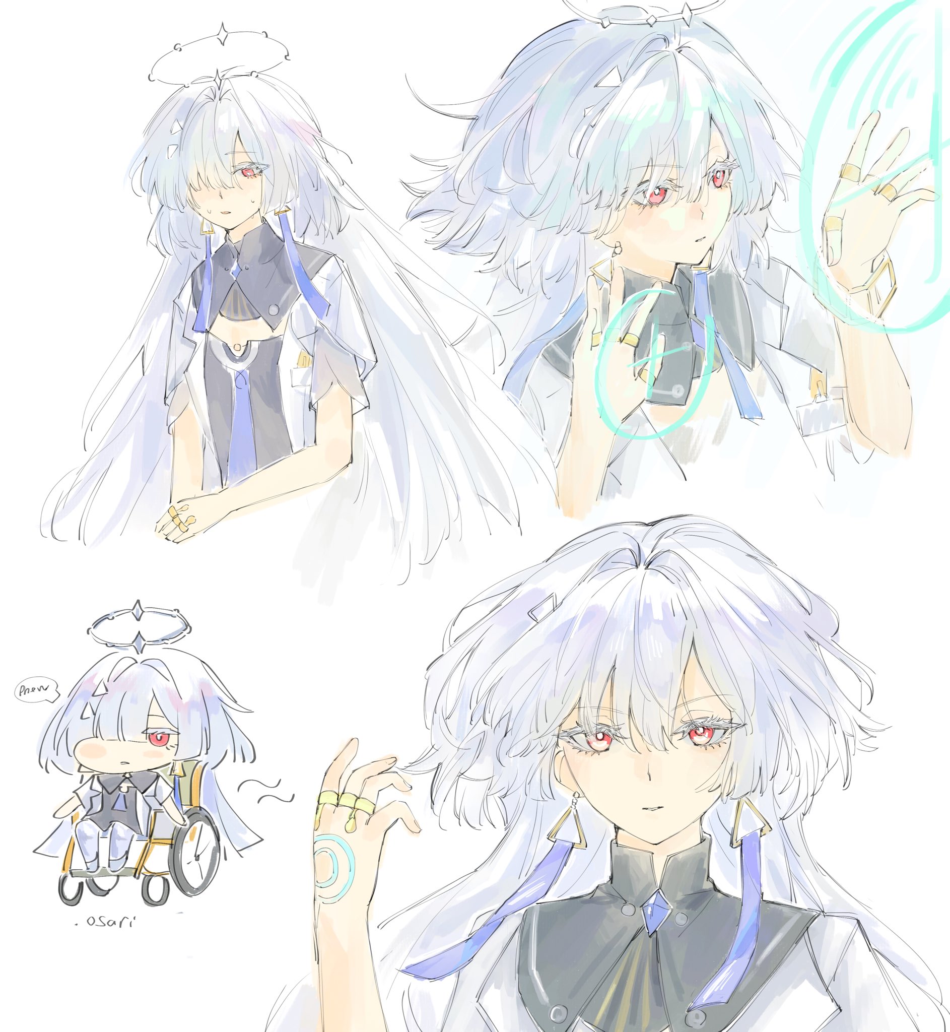 mornye (wuthering waves), wuthering waves, commentary, highres, symbol-only commentary, .osari, 1girl, colored eyelashes, earrings, flat chest, grey hair, hair over one eye, halo, hands up, jacket, jewelry, long hair, multiple rings, multiple views, parted lips, red eyes, ring, simple background, triangle earrings, wheelchair, white background, white jacket