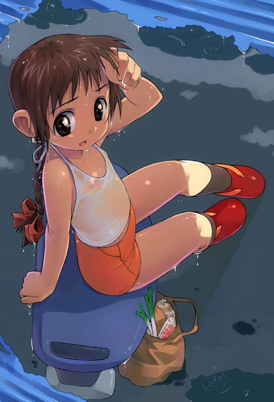 satou toshiyuki, original, 1girl, bag, braid, breasts, brown eyes, brown hair, female focus, loli, long hair, nipples, see-through clothes, shirt, shopping bag, sitting, skirt, small breasts, solo, wet, wet clothes, wet shirt