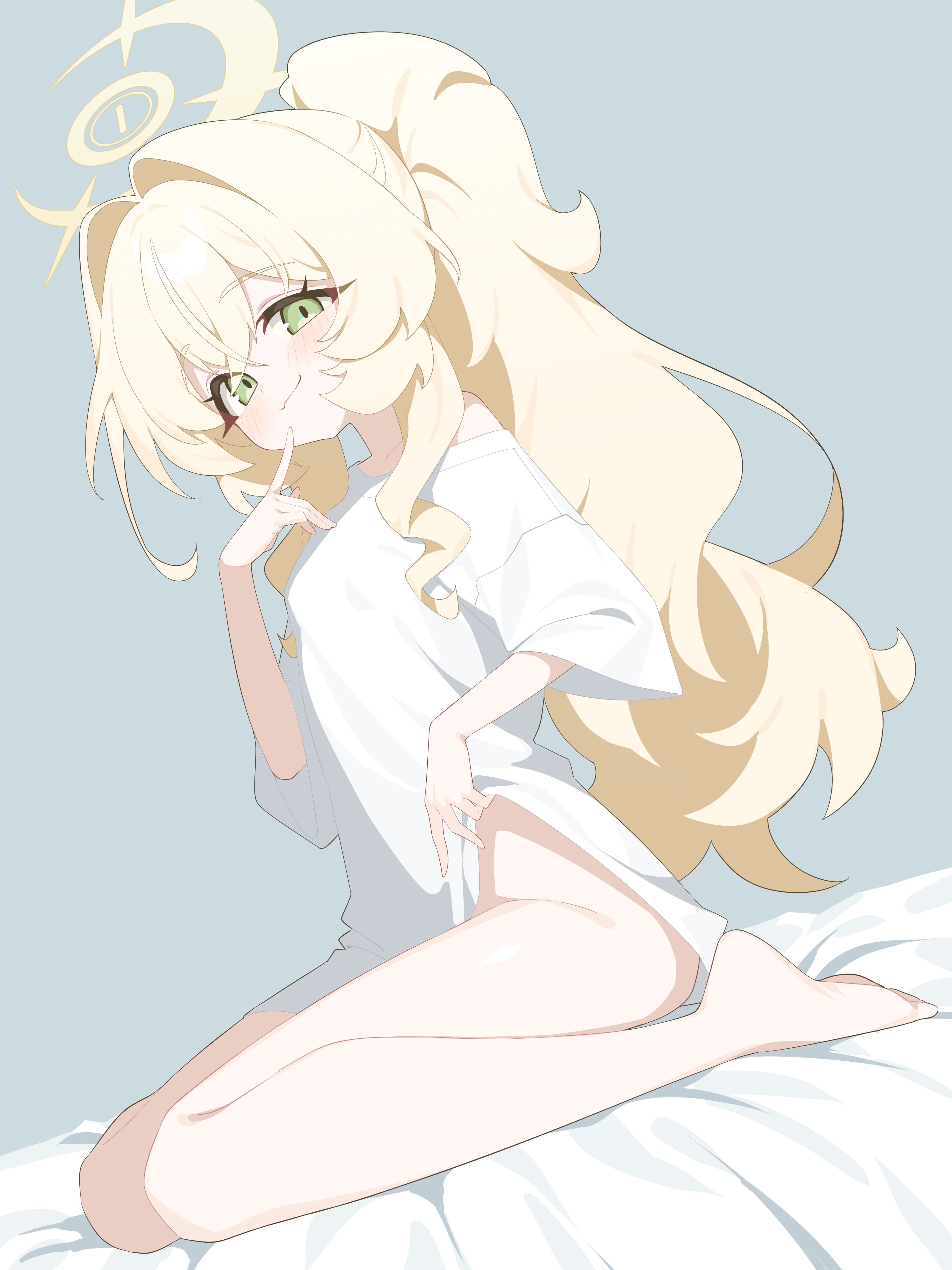 honi (honi1010), professor niyaniya (blue archive), blue archive, absurdres, commentary, highres, revision, symbol-only commentary, 1girl, barefoot, blonde hair, closed mouth, clothes lift, clothes writing, english text, from side, green eyes, hair intakes, halo, lifting own clothes, long hair, looking at viewer, looking to the side, no panties, shirt, shirt lift, sitting, smile, solo, t-shirt, wariza, white shirt, yellow halo