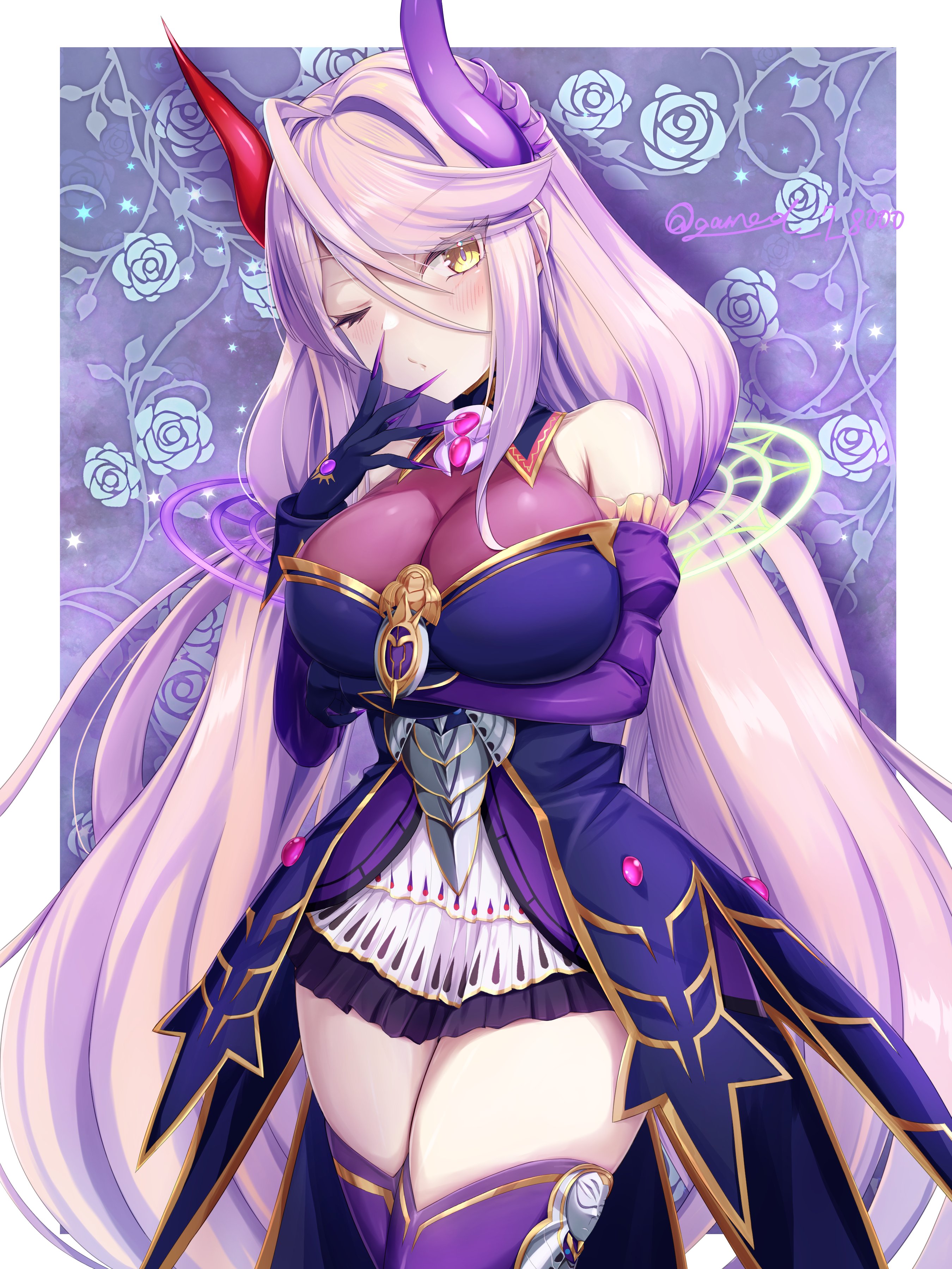 geimudou, nero gryphis (duel masters), duel masters, duel masters play's, absurdres, commentary request, highres, 1girl, asymmetrical horns, breasts, cleavage, dress, floral background, gloves, gold trim, grey hair, hair between eyes, hair ornament, horns, large breasts, long hair, low twintails, one eye closed, purple claws, purple dress, purple gloves, purple horns, purple thighhighs, red horns, rose background, see-through cleavage, see-through clothes, solo, thighhighs, twintails, twitter username, very long hair, yellow eyes