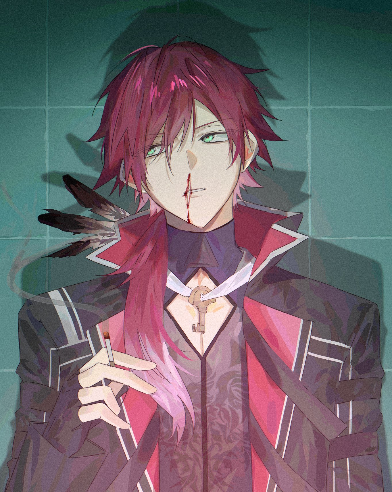 lauren iroas, lauren iroas (1st costume), nijisanji, hashtag-only commentary, highres, 1boy, black gloves, black jacket, blood, cigarette, cleavage cutout, clothing cutout, derohrwurm12, feathers, fingerless gloves, gloves, hair between eyes, holding, holding cigarette, jacket, key, long hair, looking to the side, male focus, nosebleed, open clothes, open jacket, parted lips, ponytail, red hair, shadow, side ponytail, smoking, solo, straight-on, tile wall, tiles, upper body, virtual youtuber