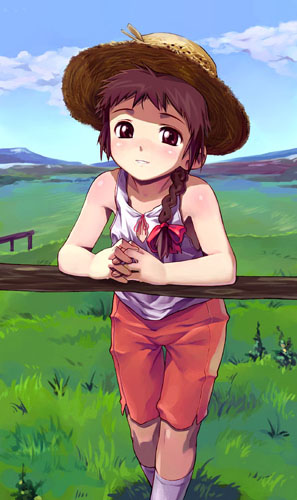 satou toshiyuki, original, lowres, 1girl, blue sky, blush, braid, child, cloud, female focus, fence, grass, hat, long hair, looking at viewer, nature, purple eyes, purple hair, shadow, shirt, shorts, single braid, sky, sleeveless, sleeveless shirt, socks, solo, straw hat, thigh gap, white shirt