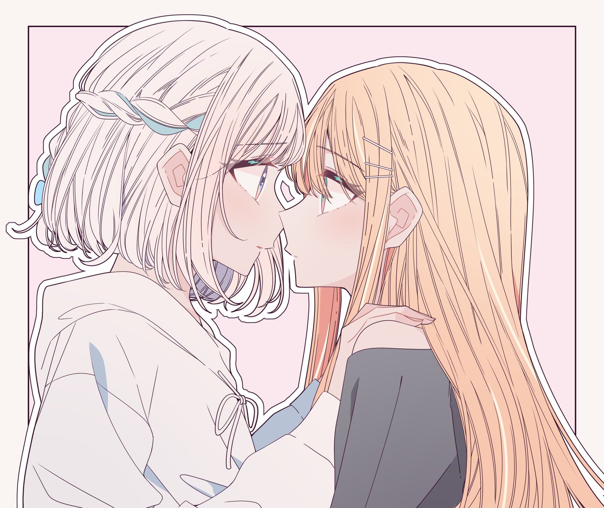 kousaka 0v0, katsuragi lilja, shiun sumika, gakuen idolmaster, idolmaster, commentary, highres, 2girls, black shirt, blue ribbon, braid, eye contact, green eyes, hair ribbon, half up braid, hand on another's shoulder, hood, hoodie, long hair, looking at another, multiple girls, off-shoulder shirt, off shoulder, orange hair, outline, parted lips, pink background, profile, purple eyes, ribbon, ribbon braid, shirt, short hair, simple background, white hair, white hoodie, white outline, yuri