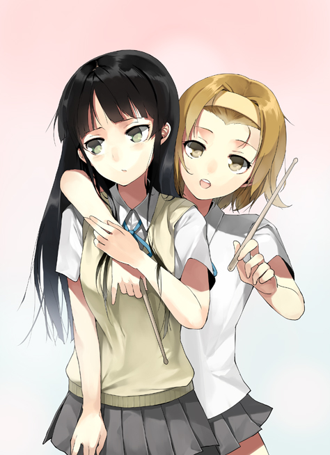 sasamori tomoe, akiyama mio, tainaka ritsu, k-on!, bad id, bad pixiv id, 00s, 2girls, black hair, brown eyes, brown hair, drumsticks, hairband, long hair, multiple girls, school uniform, short hair, simple background