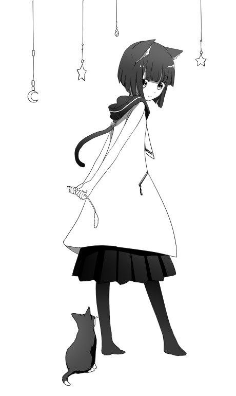 yohsuke (kanoto yousuke), yousuke, original, bad id, bad pixiv id, 1girl, animal ears, black hair, cat, cat ears, cat teaser, catnip, crescent, female focus, greyscale, monochrome, pantyhose, solo, star (symbol)