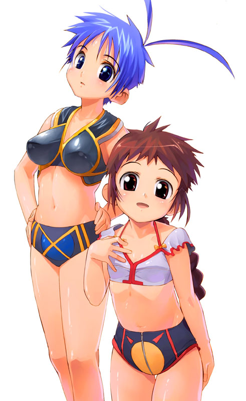 satou toshiyuki, original, 2girls, age difference, ahoge, blue hair, blush, braid, breasts, brown hair, child, flat chest, large breasts, legs, long hair, midriff, multiple girls, short hair