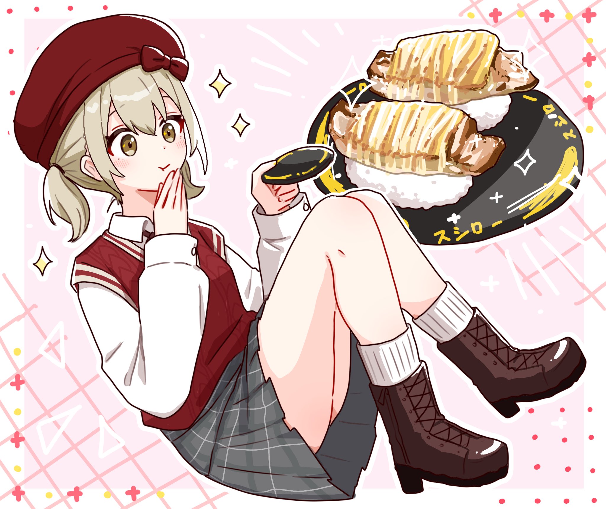 hane k2, azusawa kohane, project sekai, commentary request, highres, translation request, 1girl, blush, boots, bow, brown boots, brown hair, eating, fish (food), food, full body, grey skirt, hat, hat bow, holding, holding plate, honor student (project sekai), knees up, lace-up boots, miniskirt, nigirizushi, official alternate costume, pink background, plate, pleated skirt, red bow, red hat, red sweater vest, short hair, short twintails, skirt, socks, solo, sushi, sweater vest, twintails, white socks
