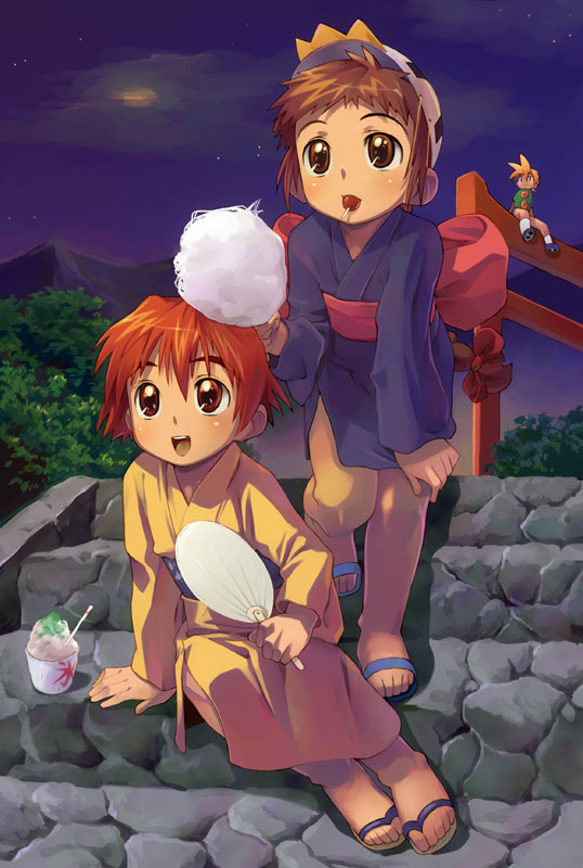 satou toshiyuki, original, 2girls, blush, brown hair, candy, child, food, hand fan, japanese clothes, kimono, lollipop, mask, multiple girls, night, red hair, sandals, short hair, shrine, sitting, sitting on stairs, sky, stairs, torii, yukata