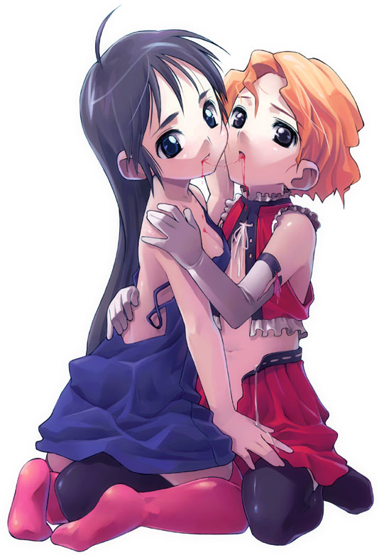 satou toshiyuki, 2girls, black eyes, black hair, blood, blue eyes, dress, elbow gloves, gloves, hug, kiss, kneeling, long hair, multiple girls, pink thighhighs, short hair, skirt, thighhighs, tongue, yuri