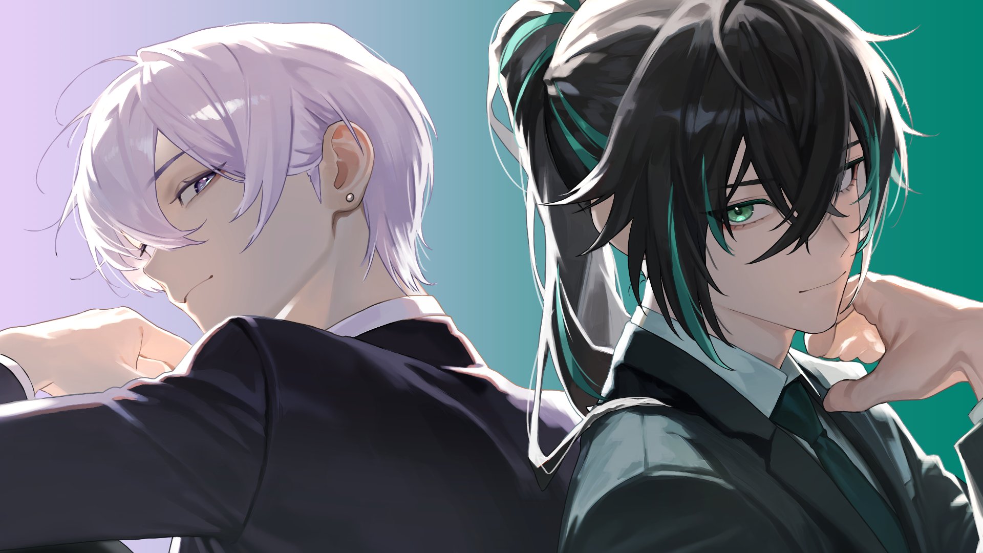 tsukishiro yashiro, knight a, highres, 2boys, black hair, black suit, closed mouth, earrings, formal clothes, gradient background, green eyes, hair between eyes, high ponytail, jewelry, long hair, long sleeves, looking at viewer, looking to the side, male focus, multicolored hair, multiple boys, necktie, ponytail, shiyun (utaite), smile, streaked hair, suit, takeyaki shou, upper body, white eyes, white hair