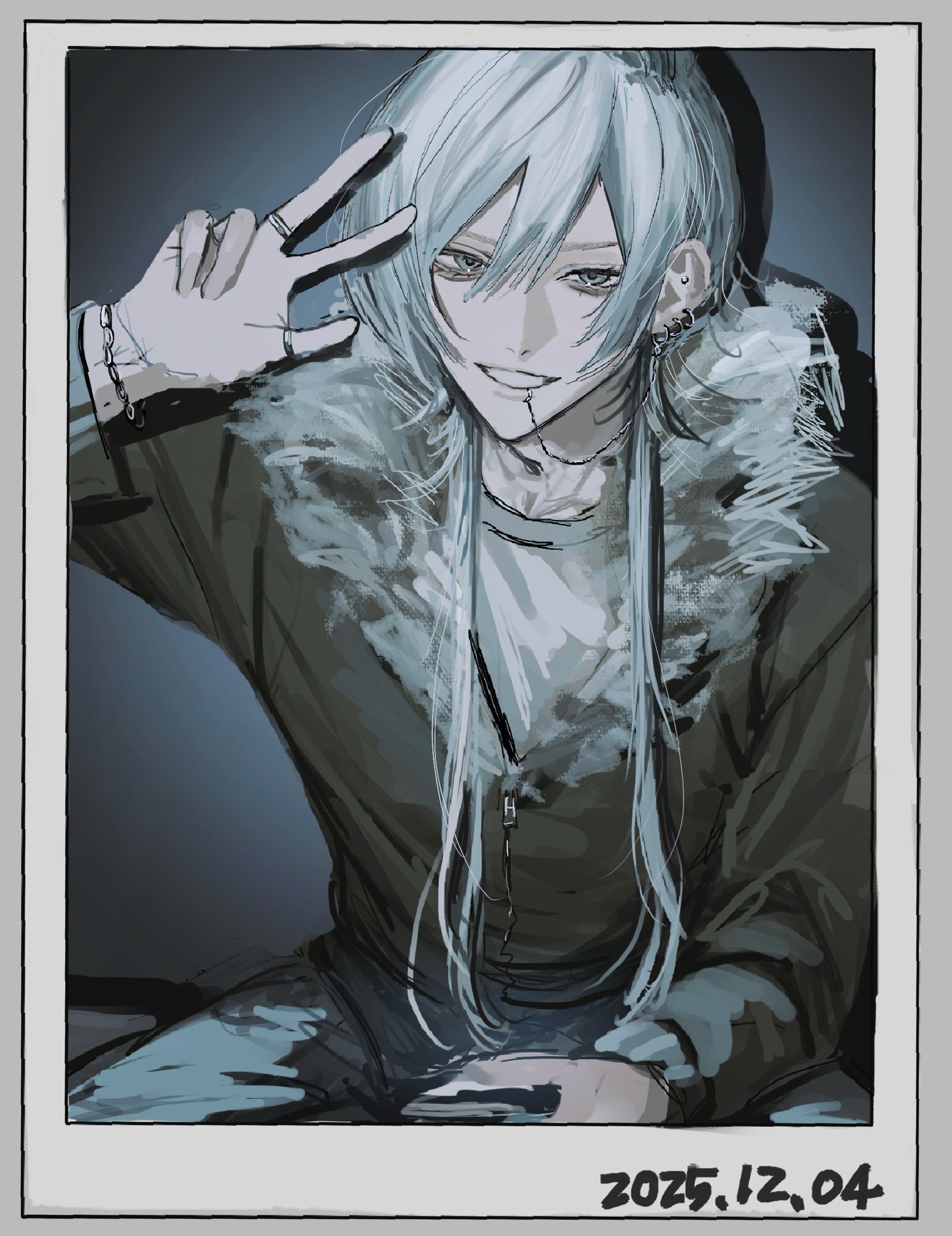 original, highres, 1boy, arm up, black jacket, bracelet, chain, chain bracelet, dated, ear piercing, face piercing, fur-trimmed jacket, fur trim, grey eyes, grin, hair between eyes, jacket, jewelry, lip piercing, long hair, looking at viewer, mizooti 0, multiple rings, piercing, polaroid photo, ring, smile, solo, w, white hair