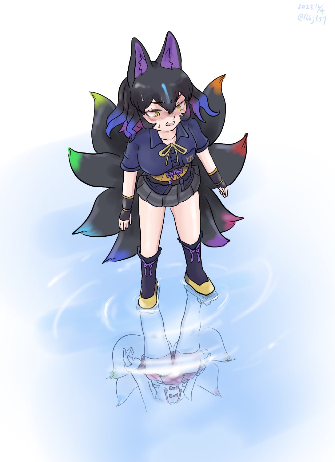 saja (166j357), kyuubi (kemono friends), kemono friends, kemono friends 3, highres, 2girls, animal ears, belt, black hair, black shirt, black socks, black tail, blue hair, blush, bow, bowtie, breast pocket, collared shirt, fox ears, fox girl, fox tail, fur trim, grey skirt, hair between eyes, japari symbol, kyubikori (kemono friends), long hair, long sleeves, multicolored hair, multiple girls, multiple tails, pleated skirt, pocket, purple hair, red skirt, reflection, shirt, shoes, short sleeves, sidelocks, skirt, socks, sweatdrop, t-shirt, tail, thighhighs, water, white fur, white shirt, white tail, white thighhighs, yellow belt, yellow bow, yellow bowtie, yellow eyes, yellow shoes, zettai ryouiki