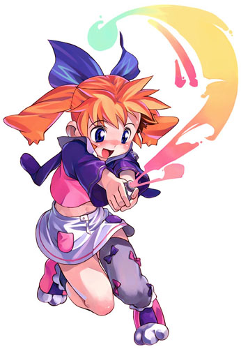 satou toshiyuki, popuri, popuri (fushigi mahou fun fun pharmacy), fushigi mahou fun fun pharmacy, lowres, 1990s (style), 1girl, animal hands, asymmetrical clothes, blush, child, female focus, hair ribbon, open mouth, orange hair, paint, paw shoes, retro artstyle, ribbon, shoes, single thighhigh, skirt, smile, solo, thighhighs