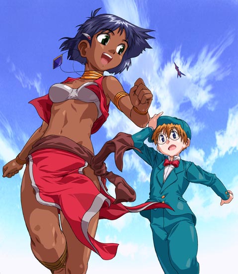 satou toshiyuki, jean roque lartigue, jean roque raltique, nadia la arwall, nautilus, fushigi no umi no nadia, 1990s (style), 1boy, 1girl, bandeau, bra, dark-skinned female, dark skin, happy, lingerie, loincloth, pelvic curtain, purple hair, retro artstyle, running, short hair, strapless, tube top, underwear, vest