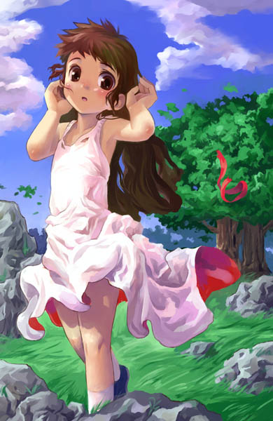 satou toshiyuki, original, blush, brown eyes, brown hair, child, dress, long hair, nature, solo, wind