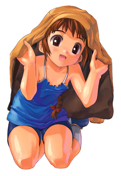 satou toshiyuki, original, blush, braid, brown eyes, brown hair, camisole, child, happy, kneeling, long hair, solo