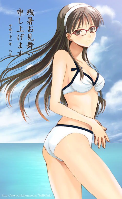 seiru (prairie), amagi yukiko, atlus, persona, persona 4, translated, 1girl, bikini, black eyes, black hair, breasts, day, female focus, glasses, hairband, long hair, medium breasts, sky, solo, swimsuit, water, white bikini, zanshomimai