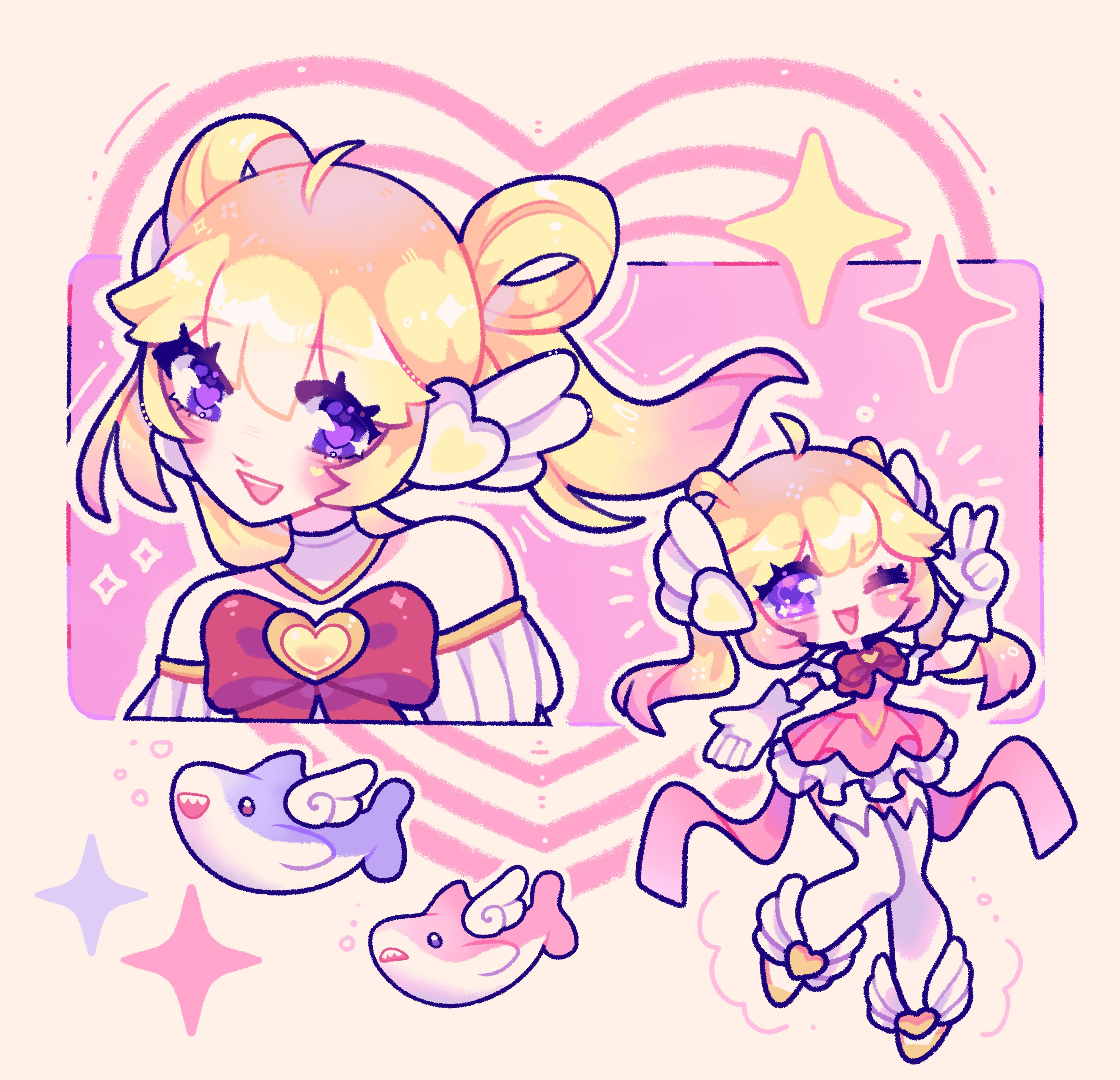 juno (overwatch), overwatch, absurdres, commentary, english commentary, highres, 1girl, bare shoulders, blonde hair, bow, chibi, dress, gloves, hair ornament, heart, heart of hope juno, long hair, magical girl, multicolored hair, official alternate costume, pink bow, purple eyes, shark, smile, solo, white gloves, wings