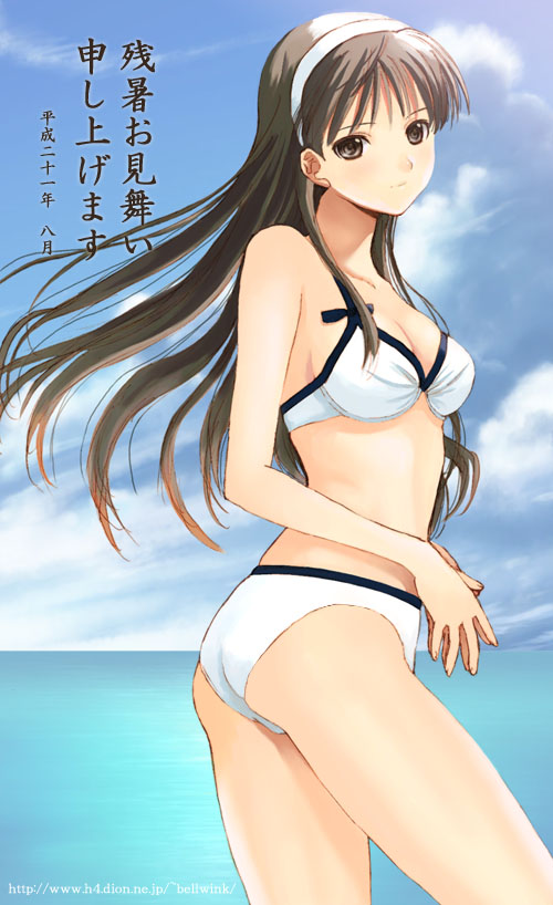 seiru (prairie), amagi yukiko, atlus, persona, persona 4, translated, 1girl, bikini, black eyes, black hair, breasts, day, female focus, hairband, long hair, medium breasts, sky, solo, swimsuit, water, white bikini, zanshomimai
