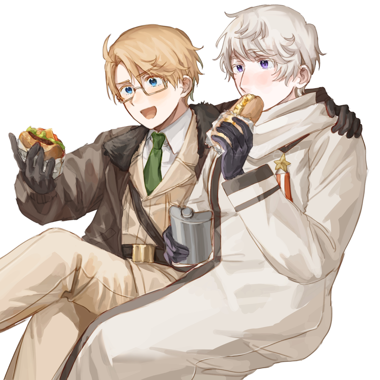 america (hetalia), russia (hetalia), axis powers hetalia, commentary request, highres, 2boys, ahoge, belt, black belt, black gloves, blonde hair, blue eyes, blush, bottle, brown-framed eyewear, brown jacket, burger, coat, collared coat, collared shirt, covering own mouth, eating, feet out of frame, food, fur-trimmed jacket, fur trim, glasses, gloves, green necktie, grey hair, hair between eyes, hand on another's shoulder, hands up, harutoro 39487, holding, holding burger, holding food, hot dog, jacket, lapels, leather, leather gloves, long sleeves, male focus, medal, military, military jacket, military uniform, multiple boys, necktie, open clothes, open jacket, open mouth, orange jacket, orange pants, pants, puffy long sleeves, puffy sleeves, purple eyes, semi-rimless eyewear, shirt, short hair, simple background, sitting, smile, star ornament, white background, white coat, white shirt
