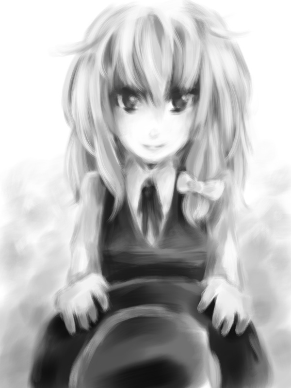 mkb, kirisame marisa, touhou, bad id, bad pixiv id, 1girl, female focus, gradient background, greyscale, hat, holding, holding unworn clothes, holding unworn hat, monochrome, solo, unworn hat, unworn headwear, upper body, white background