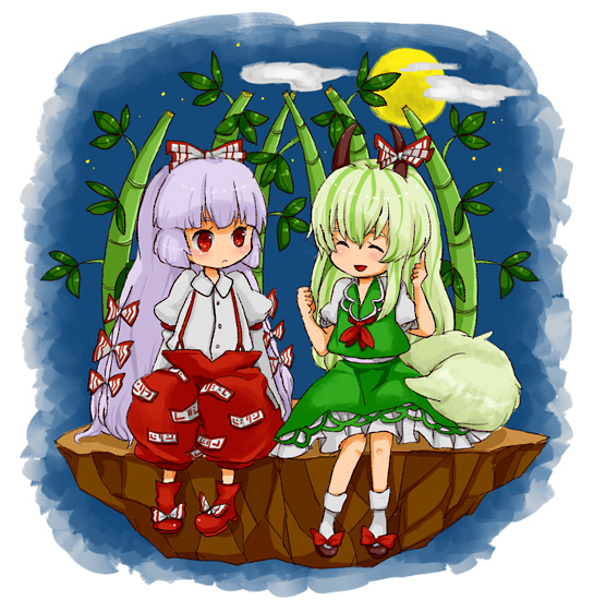 chiyako, ex-keine, fujiwara no mokou, kamishirasawa keine, touhou, silver hair, stone, bad id, bad pixiv id, 2girls, bamboo, bamboo forest, chibi, closed eyes, cloud, dress, female focus, forest, green hair, long hair, moon, multiple girls, nature, red eyes, ribbon, sky, smile, tail