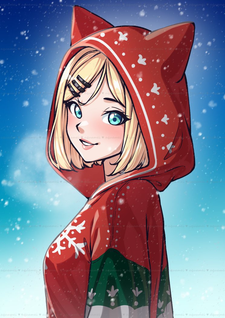 aquamei, commentary, english commentary, 1girl, animal hood, blonde hair, blush, cat hood, christmas, hood, hood up, hoodie, looking at viewer, short hair, smile, winter