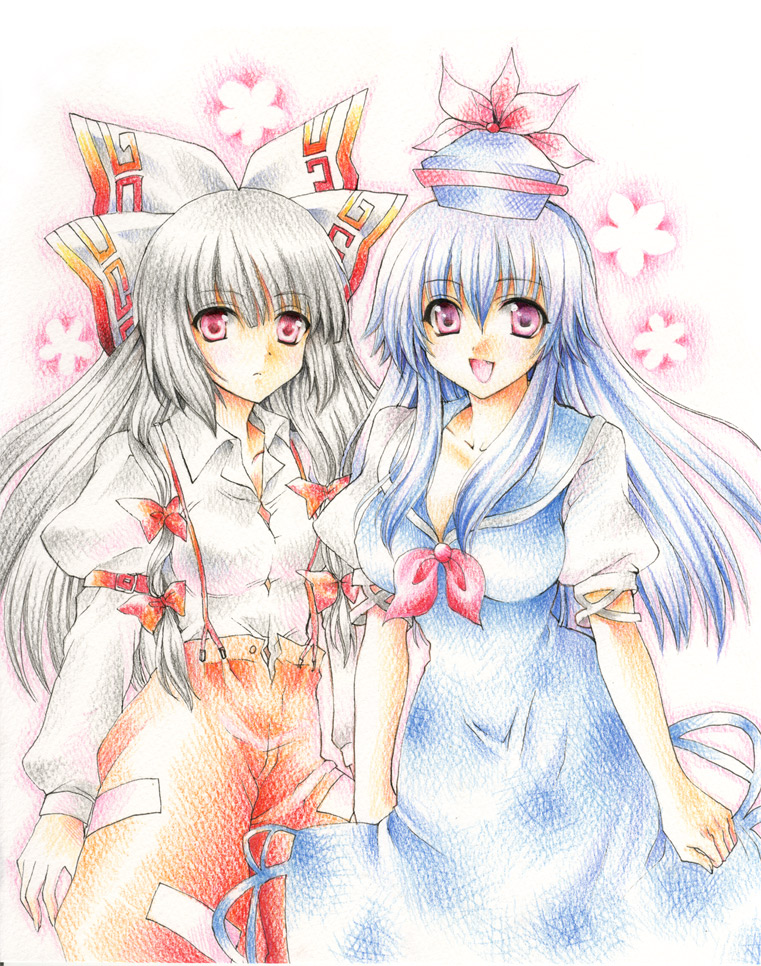 fragran0live, fujiwara no mokou, kamishirasawa keine, touhou, silver hair, bad id, bad pixiv id, colored pencil (medium), traditional media, 2girls, blue hair, female focus, hat, long hair, multiple girls, red eyes, suspenders