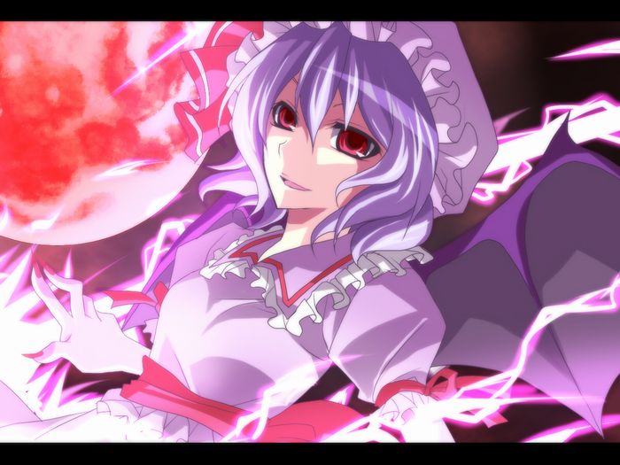sakura (lilak a), remilia scarlet, touhou, bad id, bad pixiv id, 1girl, female focus, hat, letterboxed, moon, pink eyes, purple hair, red moon, solo, upper body, wings