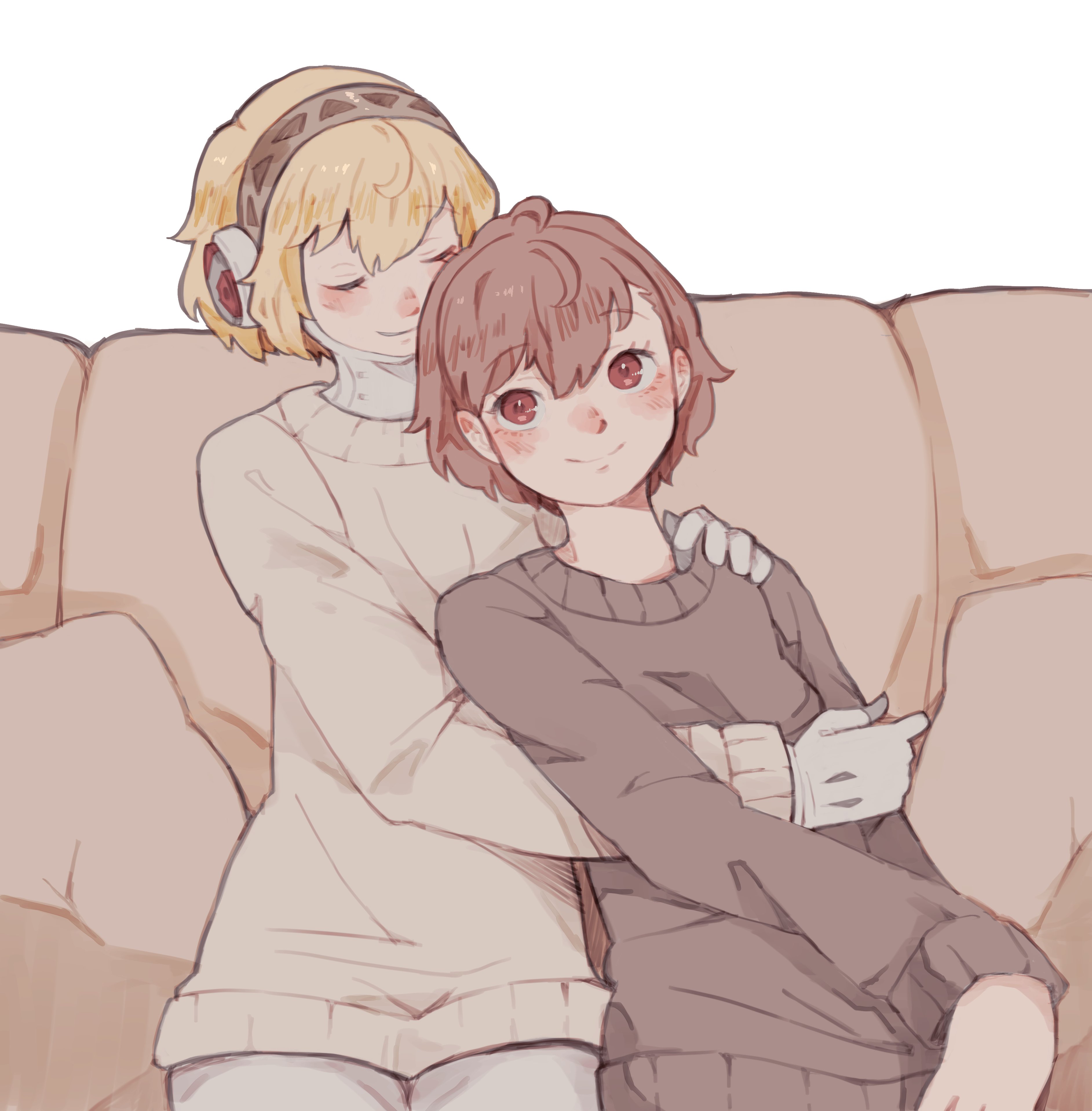 tbjj1208, aigis (persona), shiomi kotone, persona, persona 3, persona 3 portable, absurdres, highres, 2girls, alternate costume, android, blonde hair, blush, brown hair, brown sweater, closed eyes, closed mouth, couch, cowboy shot, gold hairband, hairband, hand on another's shoulder, leaning on person, mechanical hands, multiple girls, on couch, red eyes, robot ears, short hair, simple background, sitting, smile, sweater, white background, yuri