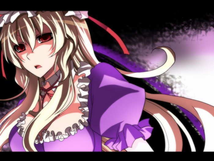sakura (lilak a), yakumo yukari, touhou, bad id, bad pixiv id, 1girl, blonde hair, female focus, red eyes, solo