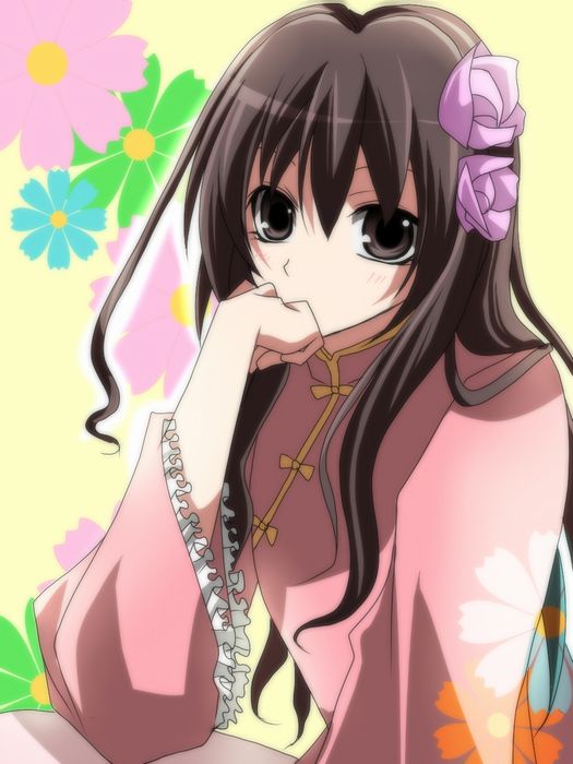 sakura (lilak a), taiwan (hetalia), axis powers hetalia, bad id, bad pixiv id, 00s, 1girl, ahoge, black eyes, black hair, changpao, chinese clothes, female focus, flower, frills, gathers, hair flower, hair ornament, long hair, solo