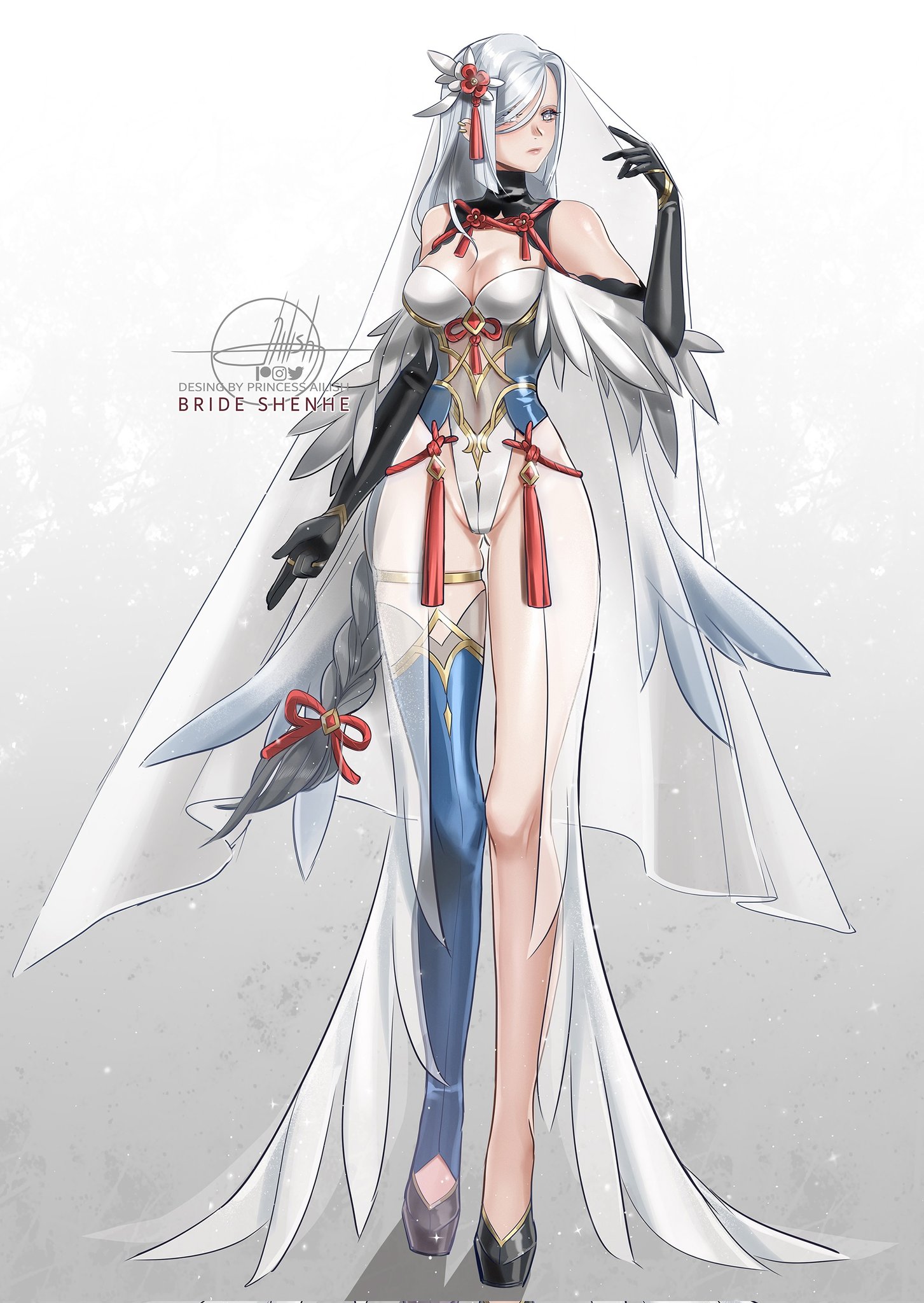 princess ailish, shenhe (genshin impact), genshin impact, commentary, english commentary, highres, 1girl, alternate costume, artist name, asymmetrical legwear, black gloves, blue eyes, braid, breasts, bridal veil, character name, full body, gloves, gradient background, grey hair, hair over one eye, highleg, highleg leotard, large breasts, leotard, long hair, looking at viewer, low-braided long hair, low-tied long hair, see-through clothes, signature, single thighhigh, solo, thighhighs, veil, very long hair